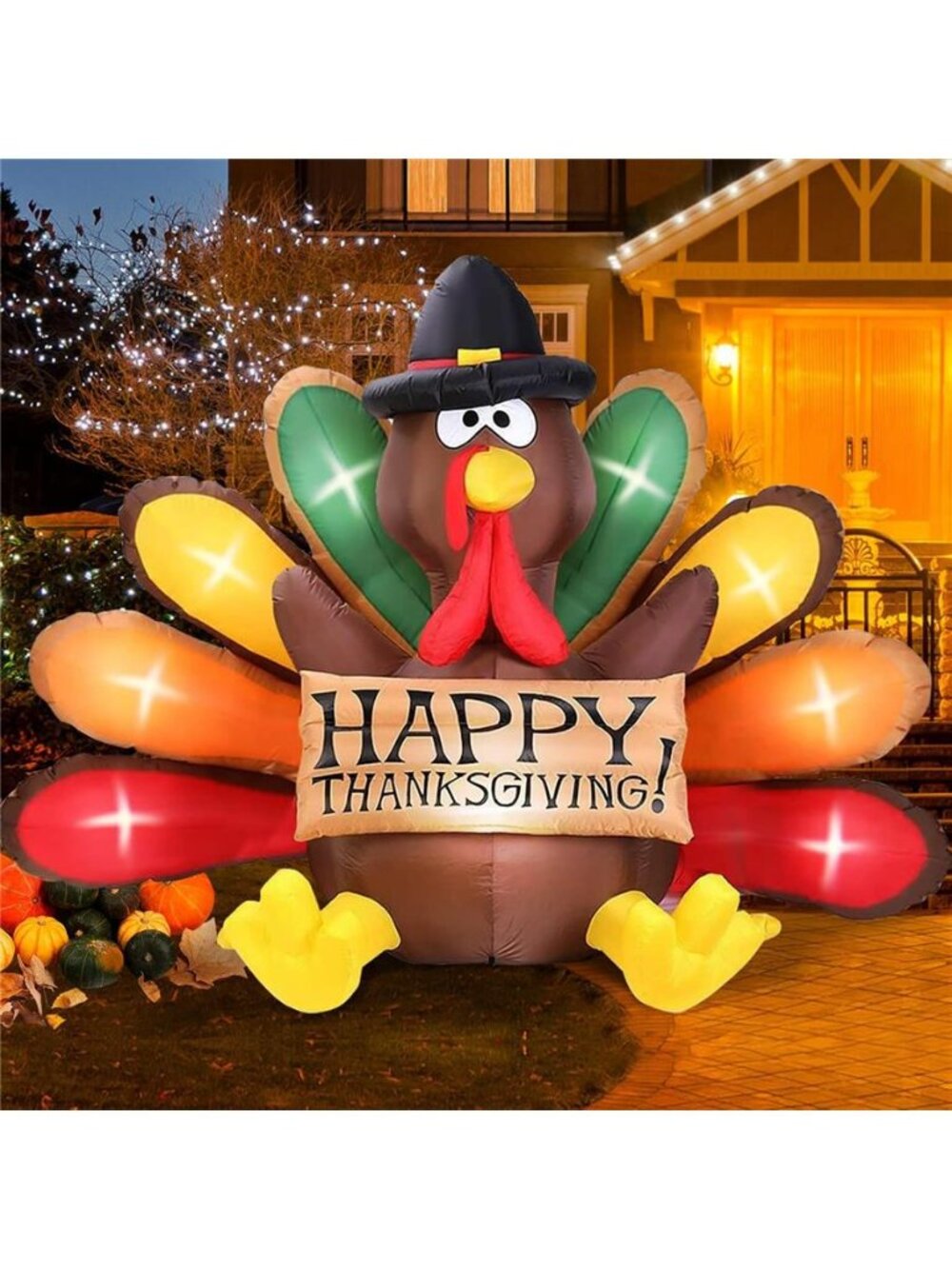 Thanksgiving Inflatables Turkey Decor with Pilgrim Hat & Colorful Tail
